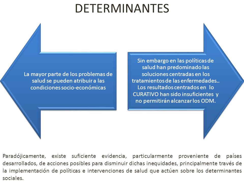 DETERMINANTES La mayor parte de los problemas de salud se pueden atribuir a las condiciones socio-económicas.