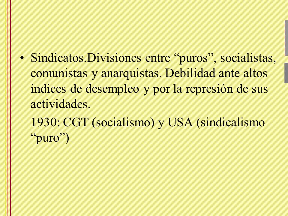 Sindicatos.Divisiones entre puros , socialistas, comunistas y anarquistas. Debilidad ante altos índices de desempleo y por la represión de sus actividades.