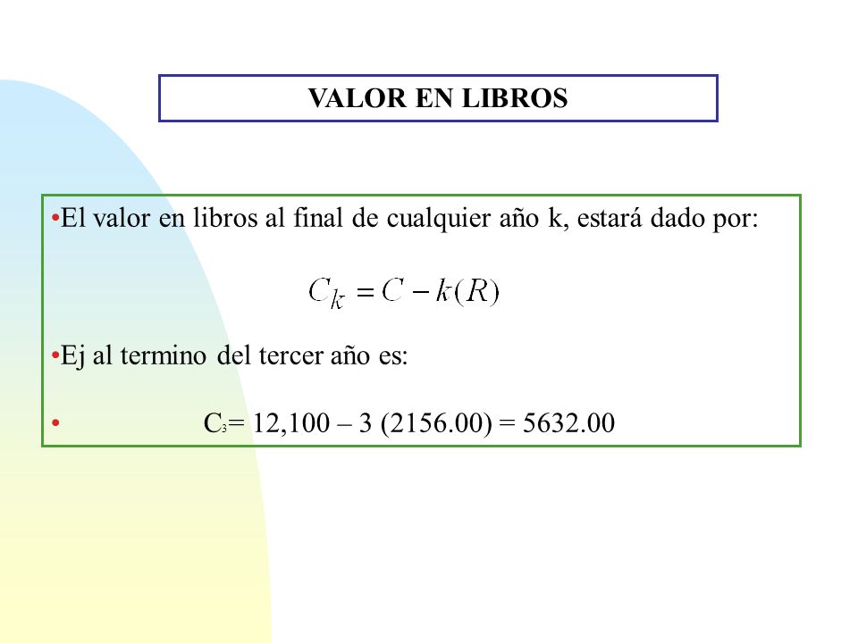 VALOR EN LIBROS El valor en libros al final de cualquier año k, estará dado por: Ej al termino del tercer año es: