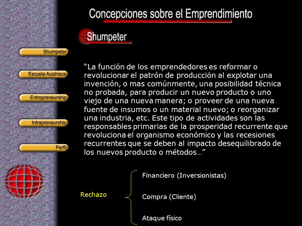 La función de los emprendedores es reformar o revolucionar el patrón de producción al explotar una invención, o mas comúnmente, una posibilidad técnica no probada, para producir un nuevo producto o uno viejo de una nueva manera; o proveer de una nueva fuente de insumos o un material nuevo; o reorganizar una industria, etc. Este tipo de actividades son las responsables primarias de la prosperidad recurrente que revoluciona el organismo económico y las recesiones recurrentes que se deben al impacto desequilibrado de los nuevos producto o métodos…