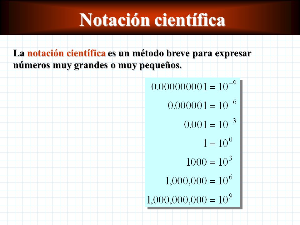 Notación científica La notación científica es un método breve para expresar números muy grandes o muy pequeños.