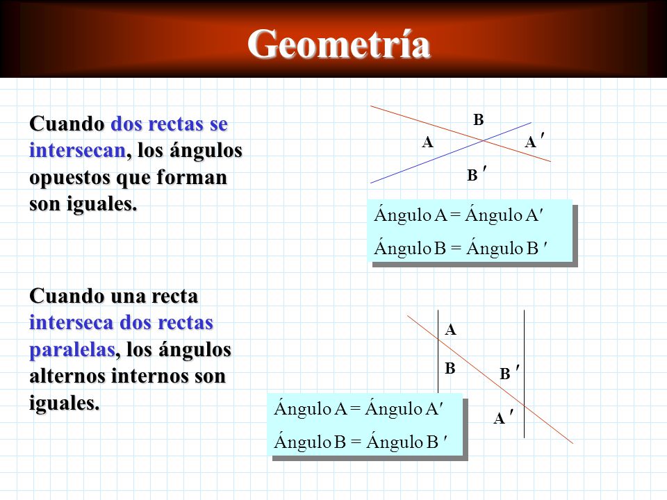 Geometría Cuando dos rectas se intersecan, los ángulos opuestos que forman son iguales. A. A  B 