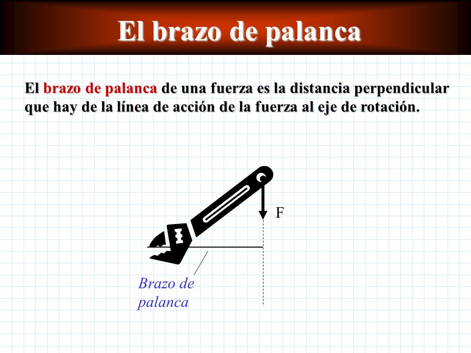 El brazo de palanca El brazo de palanca de una fuerza es la distancia perpendicular que hay de la línea de acción de la fuerza al eje de rotación.