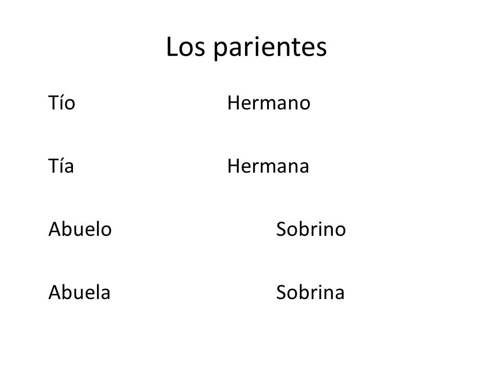 Los parientes Tío Hermano Tía Hermana Abuelo Sobrino Abuela Sobrina