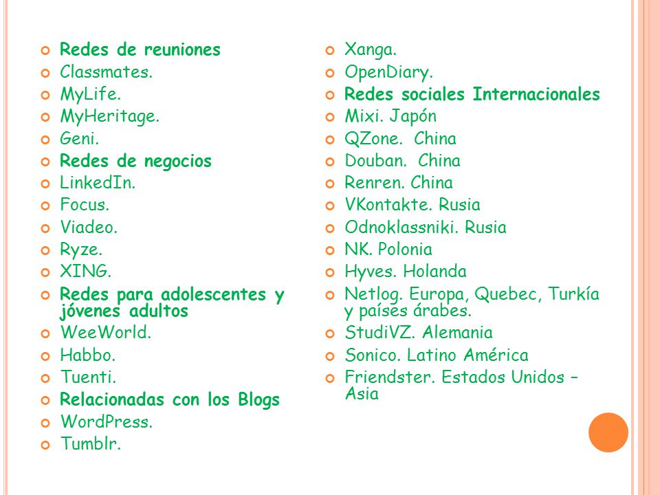 Redes de reuniones Xanga. Classmates. OpenDiary. MyLife. Redes sociales Internacionales. MyHeritage.