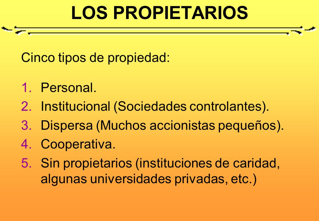 LOS PROPIETARIOS Cinco tipos de propiedad: Personal.