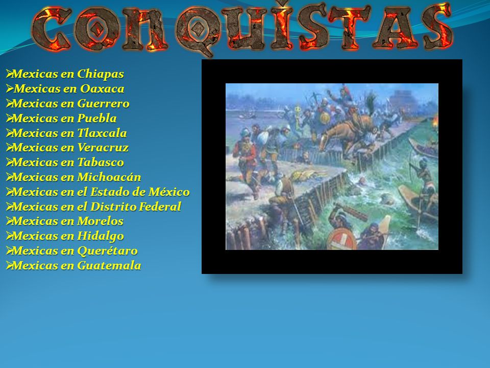 Mexicas en Chiapas Mexicas en Oaxaca. Mexicas en Guerrero. Mexicas en Puebla. Mexicas en Tlaxcala.