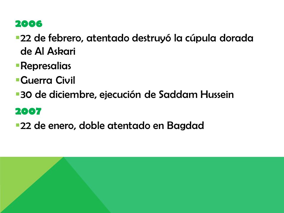 de febrero, atentado destruyó la cúpula dorada de Al Askari. Represalias. Guerra Civil. 30 de diciembre, ejecución de Saddam Hussein.