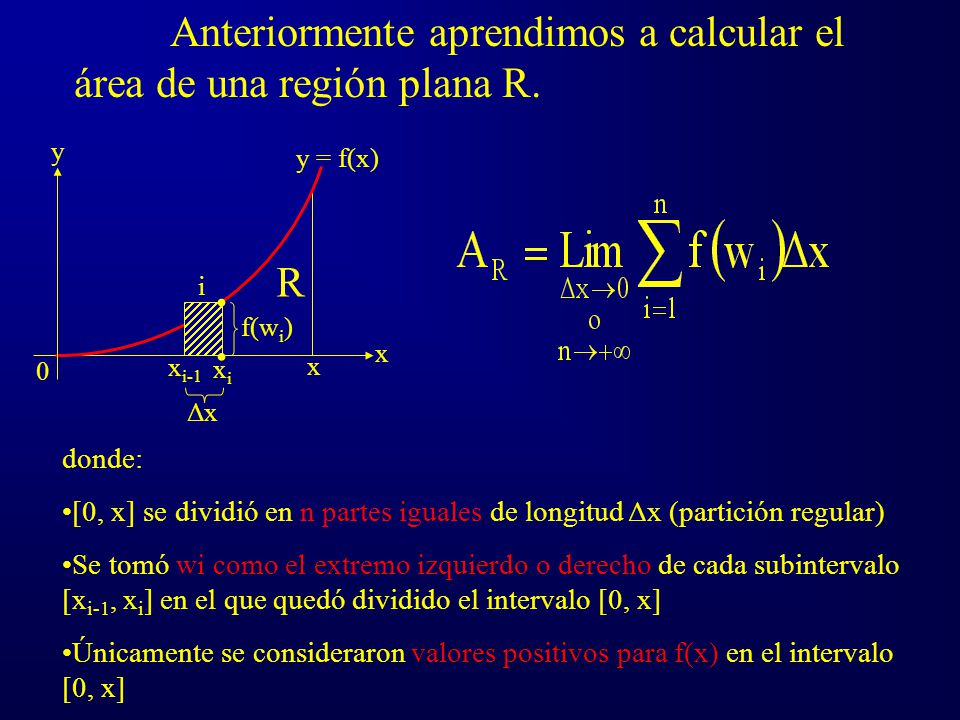 Anteriormente aprendimos a calcular el área de una región plana R.