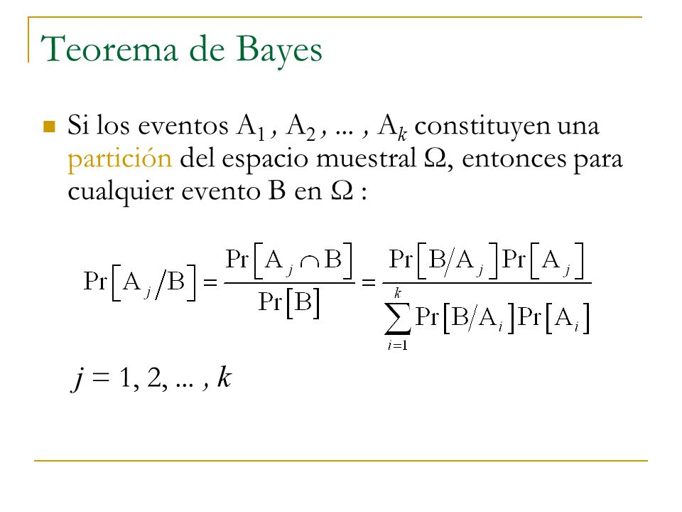 Teorema de Bayes Si los eventos A1 , A2 , ... , Ak constituyen una partición del espacio muestral Ω, entonces para cualquier evento B en Ω :