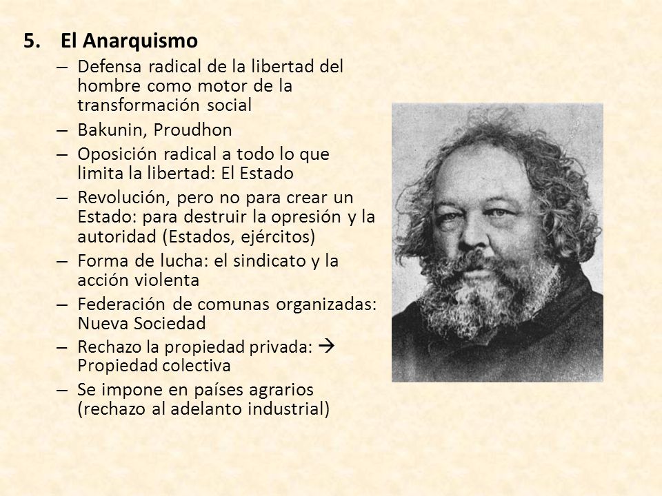 El Anarquismo Defensa radical de la libertad del hombre como motor de la transformación social. Bakunin, Proudhon.