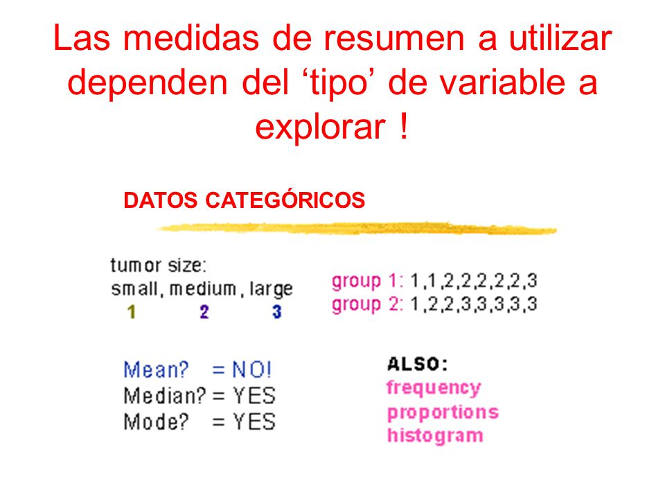 Las medidas de resumen a utilizar dependen del ‘tipo’ de variable a explorar !