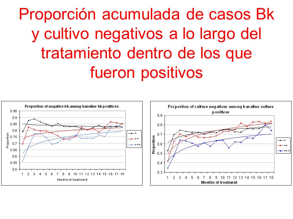 Proporción acumulada de casos Bk y cultivo negativos a lo largo del tratamiento dentro de los que fueron positivos