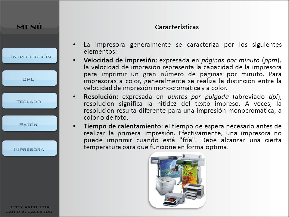 Características La impresora generalmente se caracteriza por los siguientes elementos: