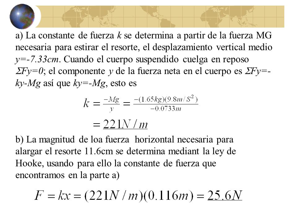 a) La constante de fuerza k se determina a partir de la fuerza MG necesaria para estirar el resorte, el desplazamiento vertical medio y=-7.33cm. Cuando el cuerpo suspendido cuelga en reposo SFy=0; el componente y de la fuerza neta en el cuerpo es SFy=-ky-Mg así que ky=-Mg, esto es