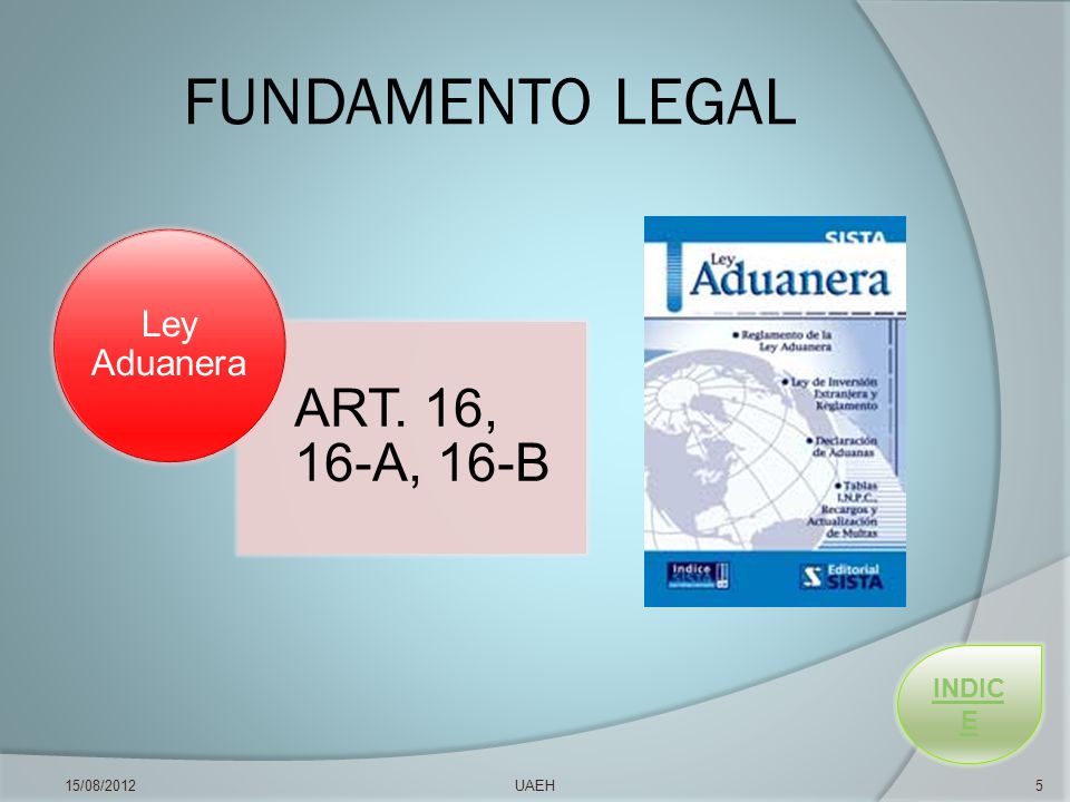 FUNDAMENTO LEGAL ART. 16, 16-A, 16-B Ley Aduanera INDICE 15/08/2012