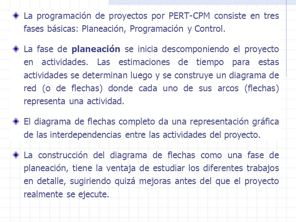 La programación de proyectos por PERT-CPM consiste en tres fases básicas: Planeación, Programación y Control.
