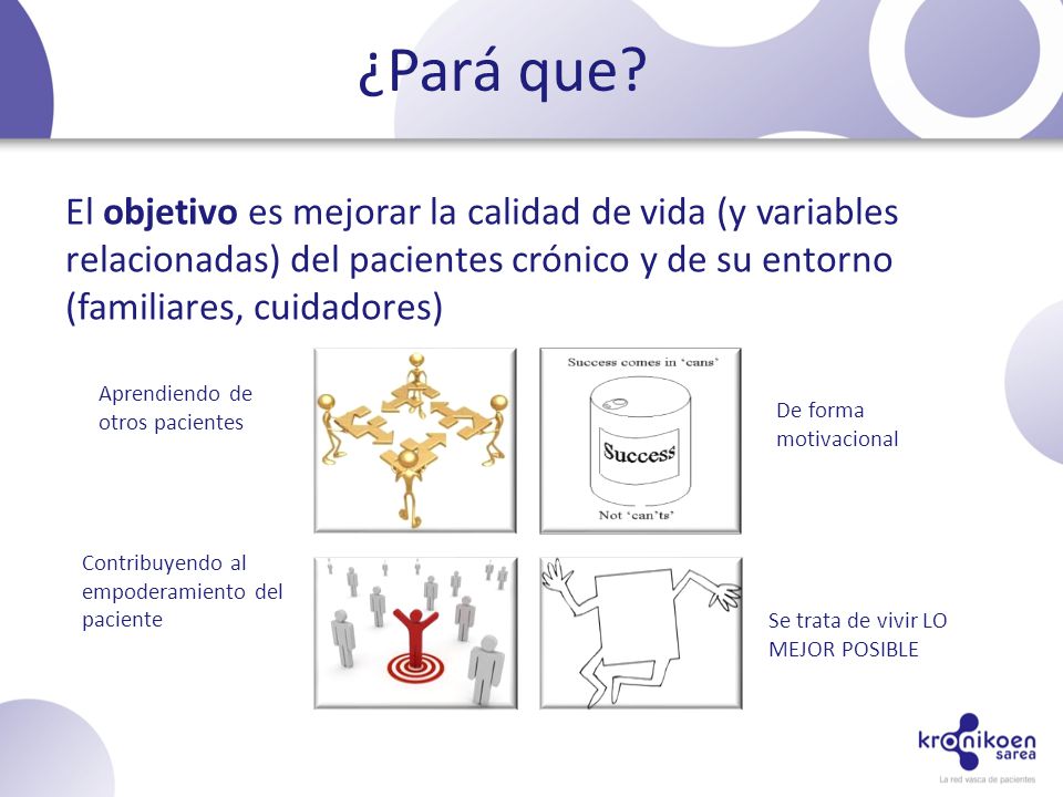 ¿Pará que El objetivo es mejorar la calidad de vida (y variables relacionadas) del pacientes crónico y de su entorno (familiares, cuidadores)