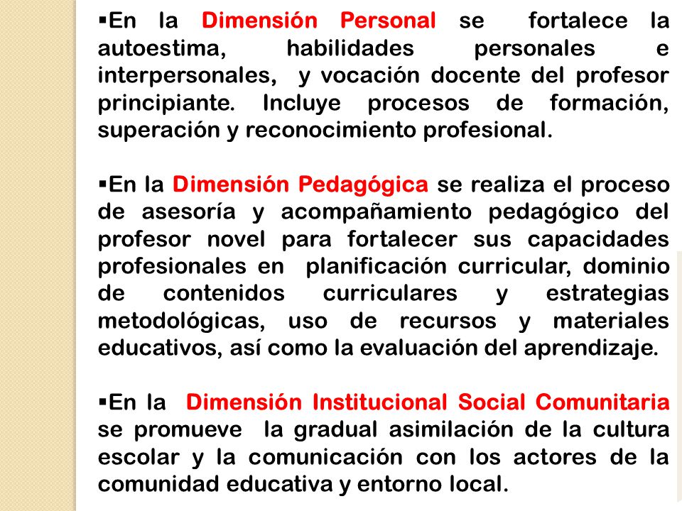 En la Dimensión Personal se fortalece la autoestima, habilidades personales e interpersonales, y vocación docente del profesor principiante. Incluye procesos de formación, superación y reconocimiento profesional.