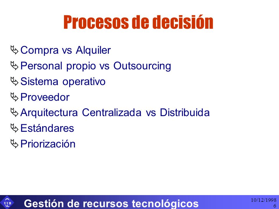 Procesos de decisión Compra vs Alquiler Personal propio vs Outsourcing
