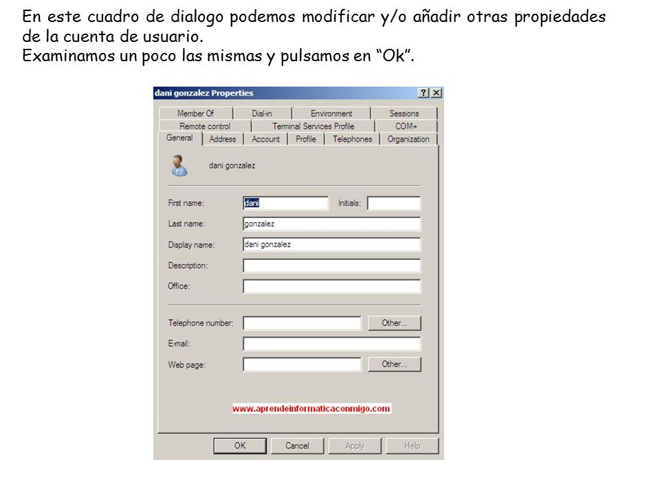 En este cuadro de dialogo podemos modificar y/o añadir otras propiedades de la cuenta de usuario.
