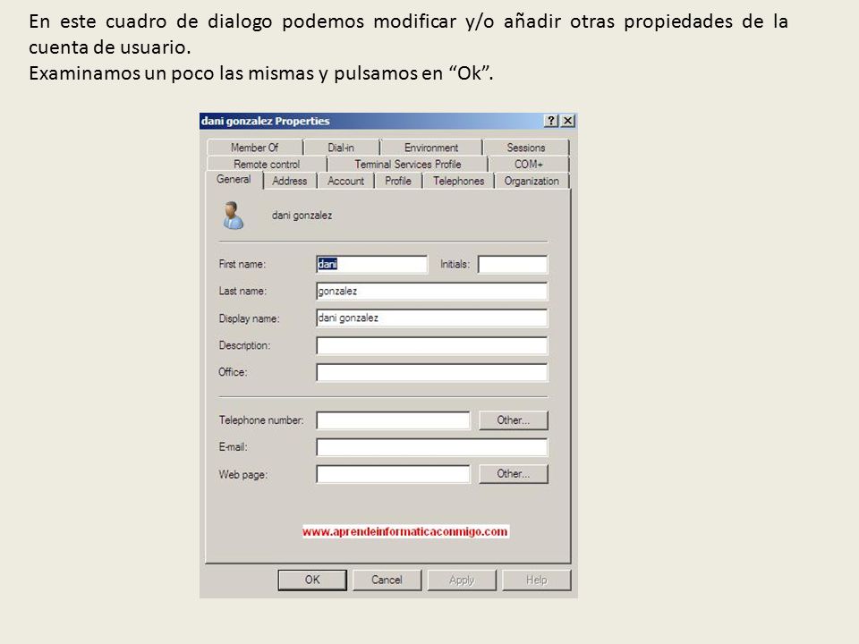 En este cuadro de dialogo podemos modificar y/o añadir otras propiedades de la cuenta de usuario.