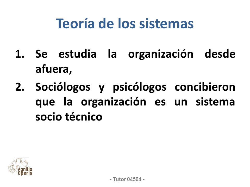 Teoría de los sistemas Se estudia la organización desde afuera,