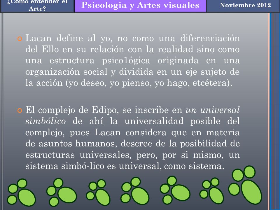 Lacan define al yo, no como una diferenciación del Ello en su relación con la realidad sino como una estructura psico1ógica originada en una organización social y dividida en un eje sujeto de la acción (yo deseo, yo pienso, yo hago, etcétera).