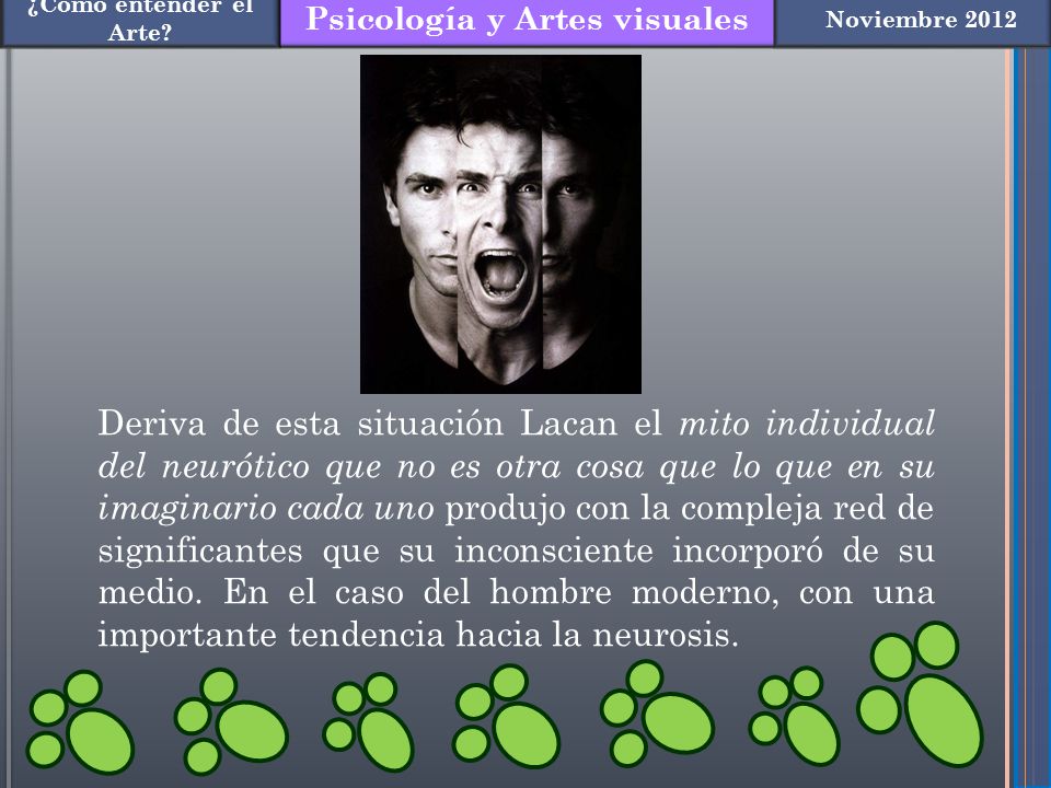 Deriva de esta situación Lacan el mito individual del neurótico que no es otra cosa que lo que en su imaginario cada uno produjo con la compleja red de significantes que su inconsciente incorporó de su medio.