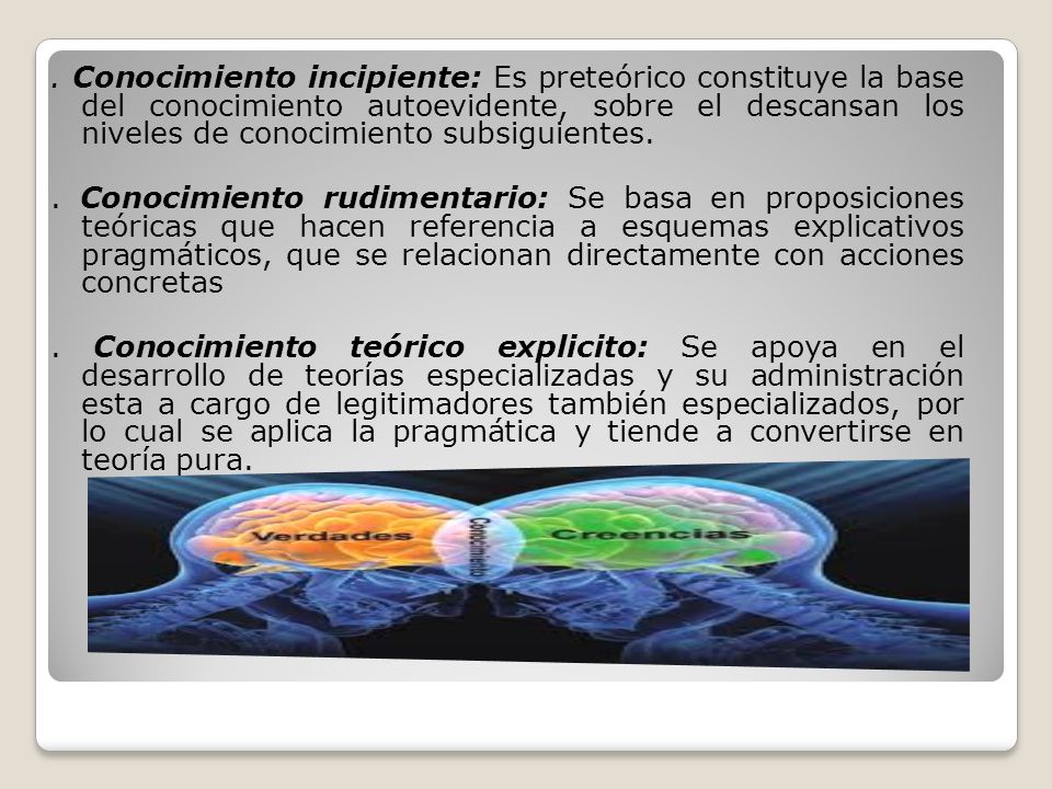 . Conocimiento incipiente: Es preteórico constituye la base del conocimiento autoevidente, sobre el descansan los niveles de conocimiento subsiguientes.