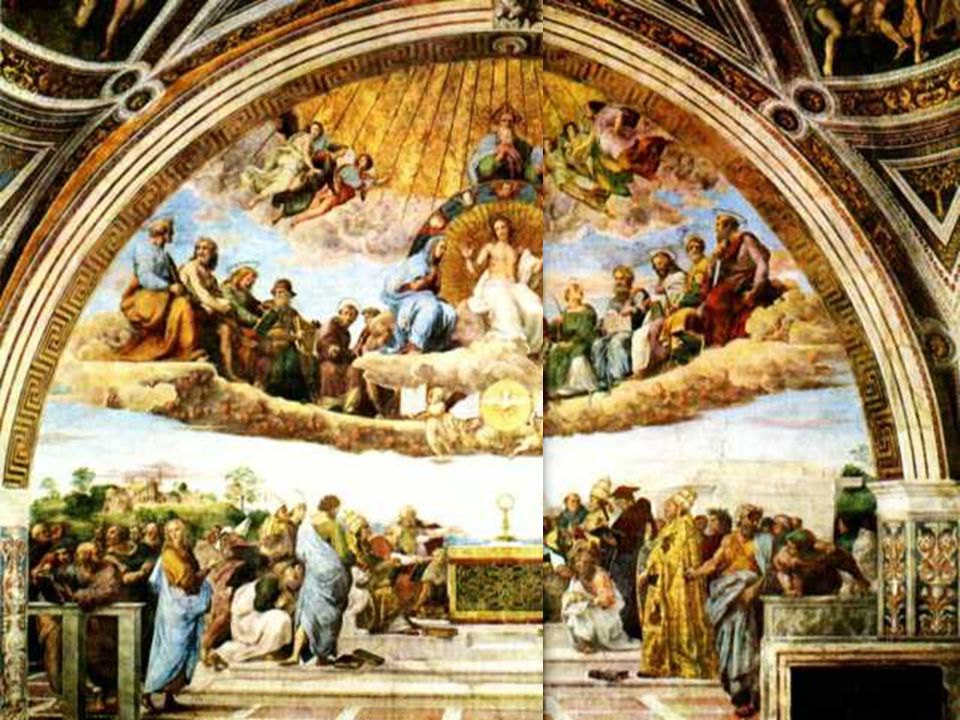 En la parte inferior, sobre un altar, la Sagrada Forma, a cuyos lados conviven los doctores y sabios de la Iglesia Militante.