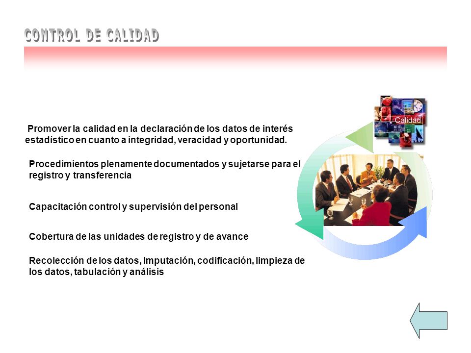 CONTROL DE CALIDAD Promover la calidad en la declaración de los datos de interés estadístico en cuanto a integridad, veracidad y oportunidad.