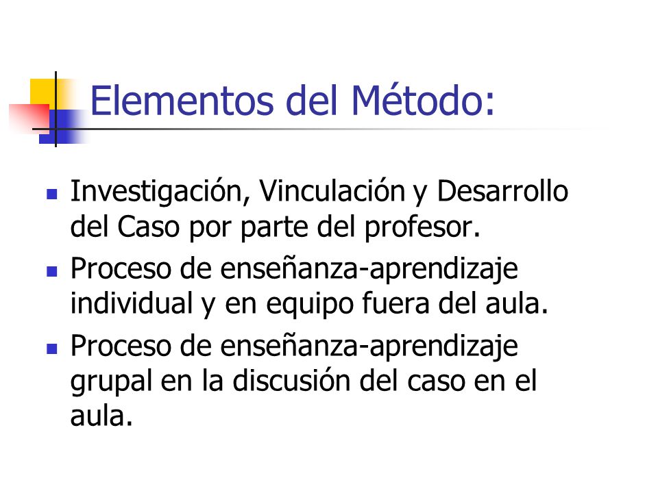 Elementos del Método: Investigación, Vinculación y Desarrollo del Caso por parte del profesor.