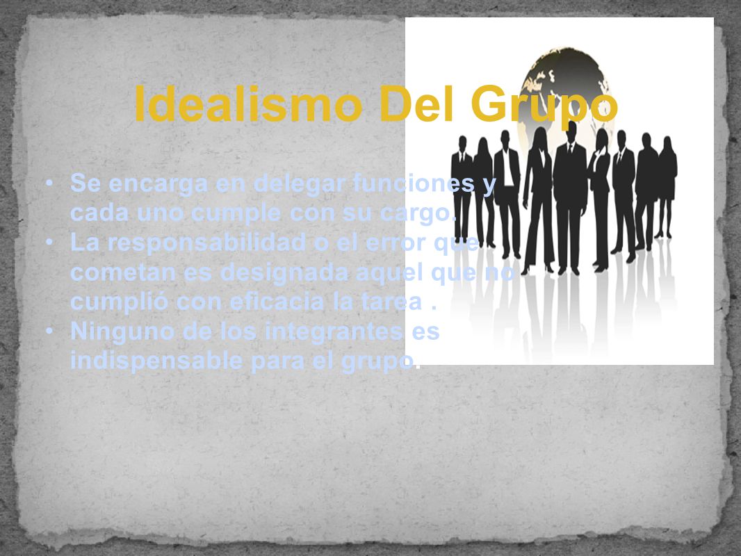 Idealismo Del Grupo Se encarga en delegar funciones y cada uno cumple con su cargo.