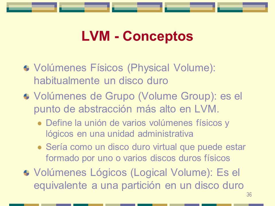 LVM - Conceptos Volúmenes Físicos (Physical Volume): habitualmente un disco duro.