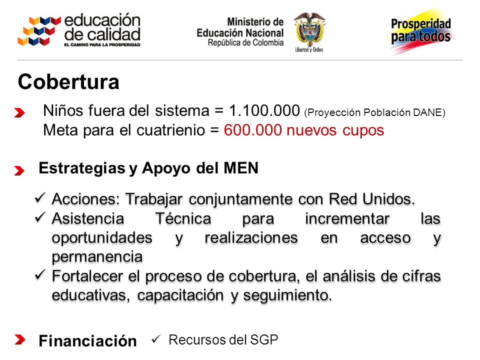 Cobertura Niños fuera del sistema = (Proyección Población DANE) Meta para el cuatrienio = nuevos cupos.
