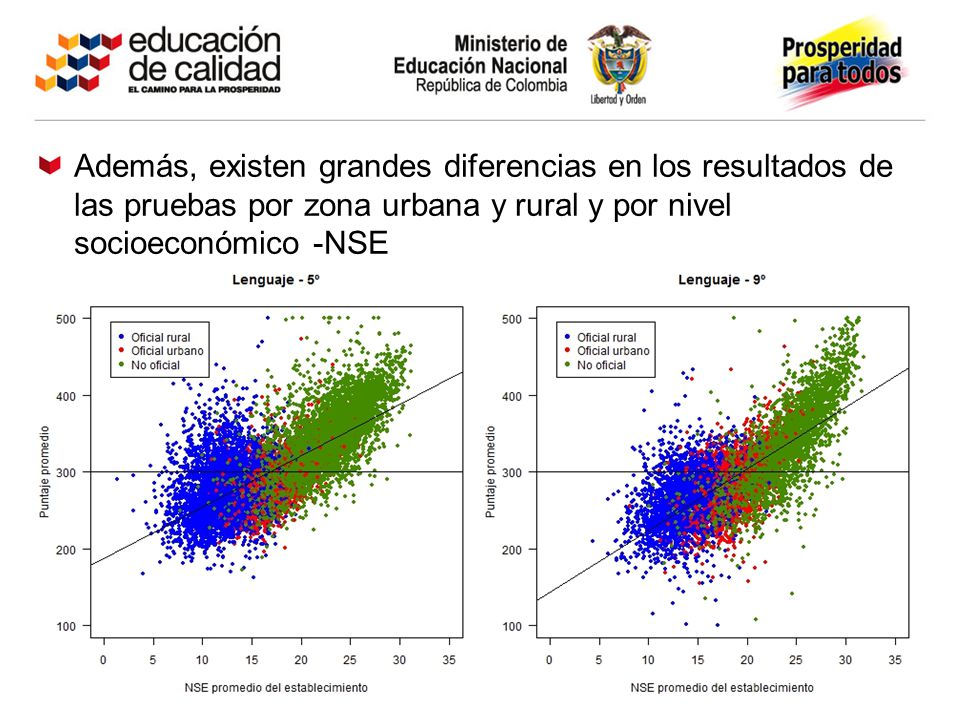 Además, existen grandes diferencias en los resultados de las pruebas por zona urbana y rural y por nivel socioeconómico -NSE