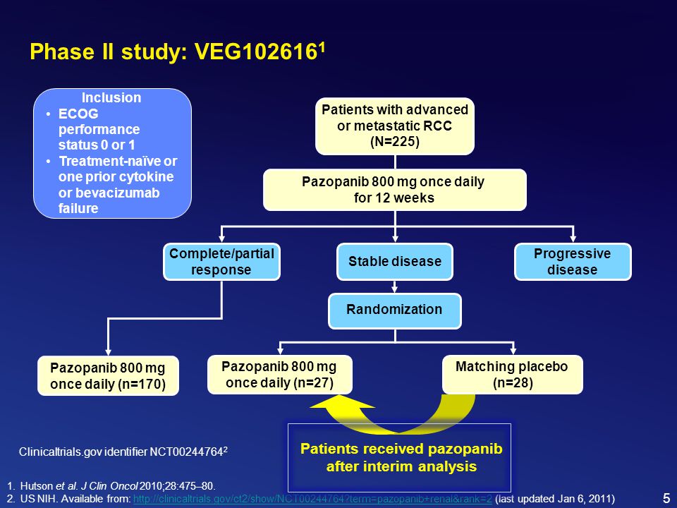 Phase II study: VEG Inclusion. ECOG performance status 0 or 1. Treatment-naïve or one prior cytokine or bevacizumab failure.