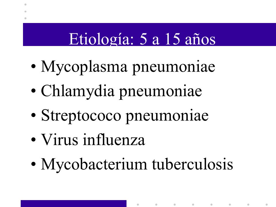 Etiología: 5 a 15 años Mycoplasma pneumoniae. Chlamydia pneumoniae. Streptococo pneumoniae. Virus influenza.
