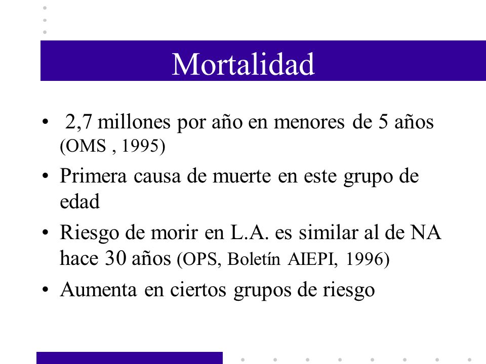 Mortalidad 2,7 millones por año en menores de 5 años (OMS , 1995)‏