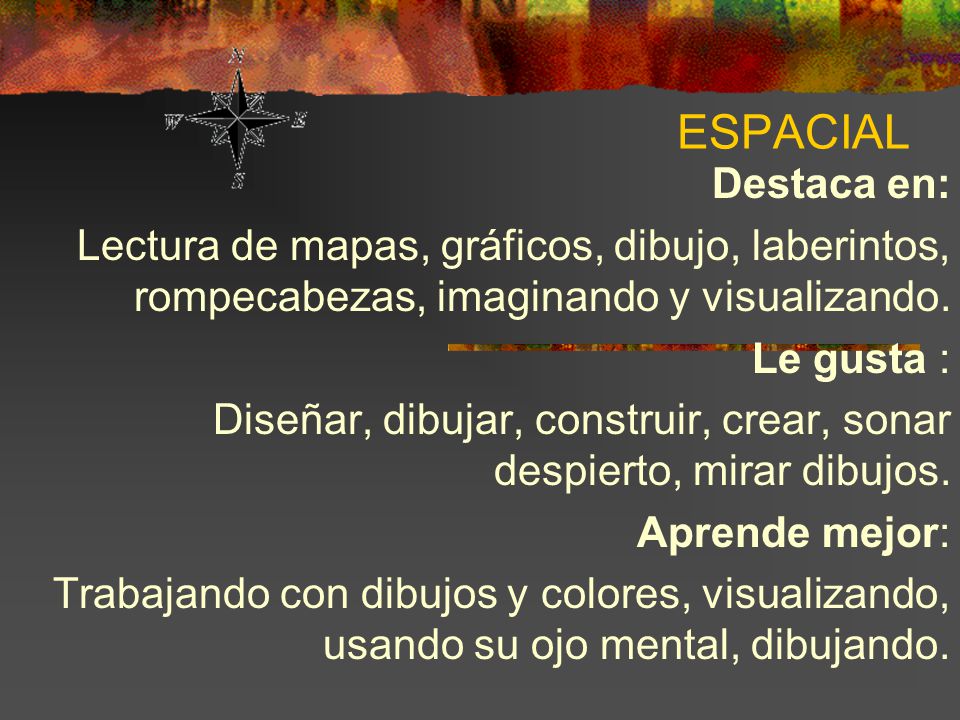 ESPACIAL Destaca en: Lectura de mapas, gráficos, dibujo, laberintos, rompecabezas, imaginando y visualizando.