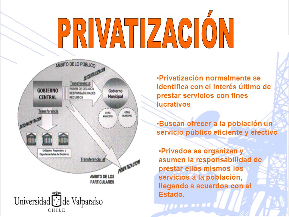 PRIVATIZACIÓN Privatización normalmente se identifica con el interés último de prestar servicios con fines lucrativos.