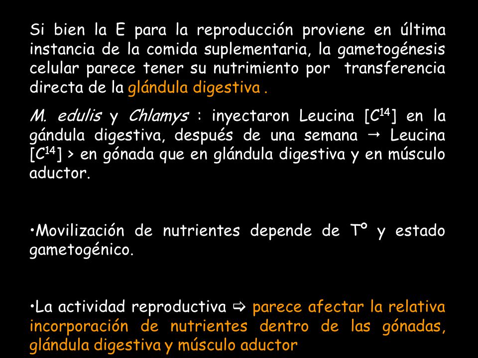 Si bien la E para la reproducción proviene en última instancia de la comida suplementaria, la gametogénesis celular parece tener su nutrimiento por transferencia directa de la glándula digestiva .
