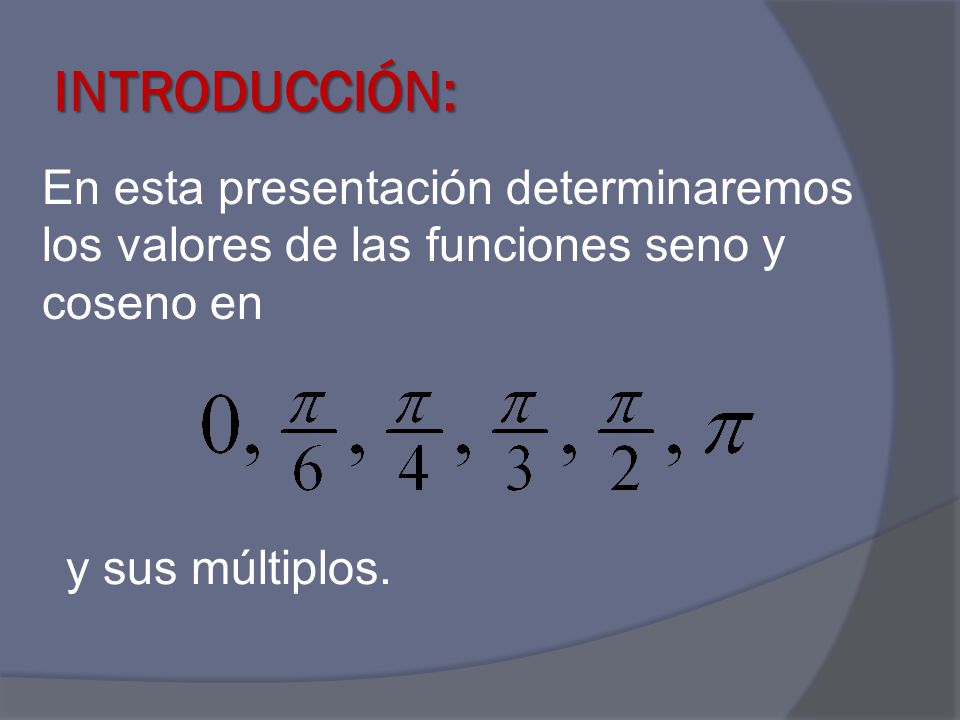 INTRODUCCIÓN: En esta presentación determinaremos los valores de las funciones seno y coseno en.