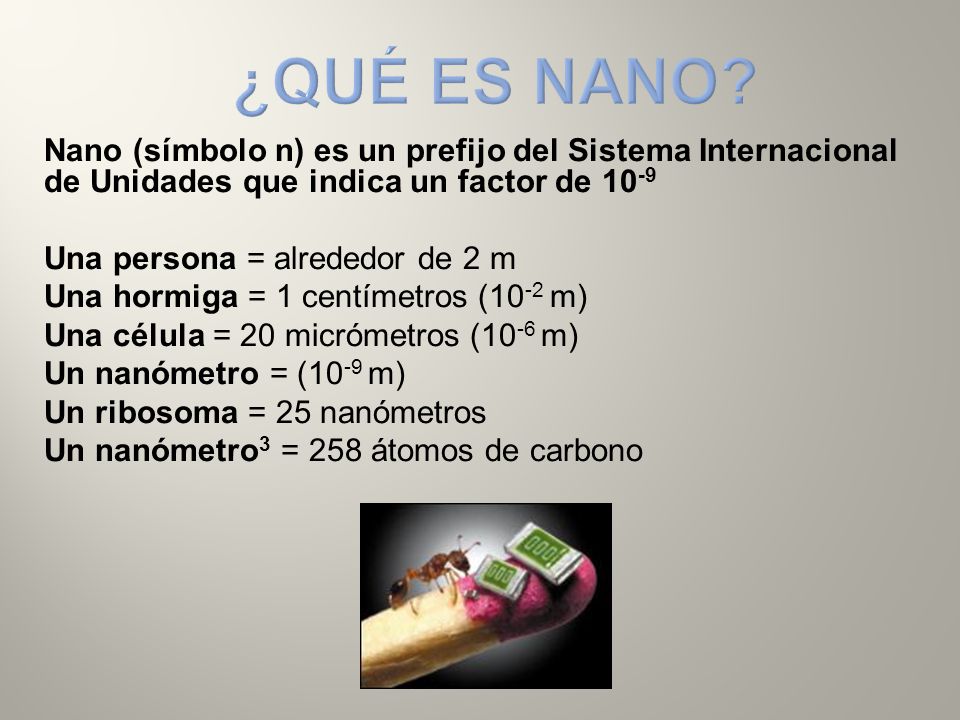 ¿Qué es NANO Nano (símbolo n) es un prefijo del Sistema Internacional de Unidades que indica un factor de