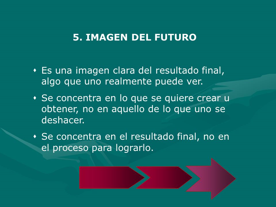 5. IMAGEN DEL FUTURO Es una imagen clara del resultado final, algo que uno realmente puede ver.
