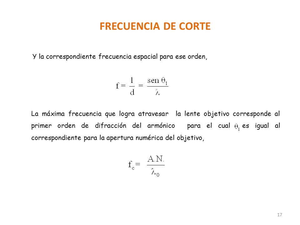 FRECUENCIA DE CORTE Y la correspondiente frecuencia espacial para ese orden,