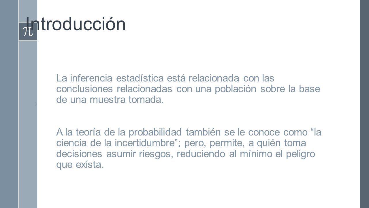 Introducción La inferencia estadística está relacionada con las conclusiones relacionadas con una población sobre la base de una muestra tomada.