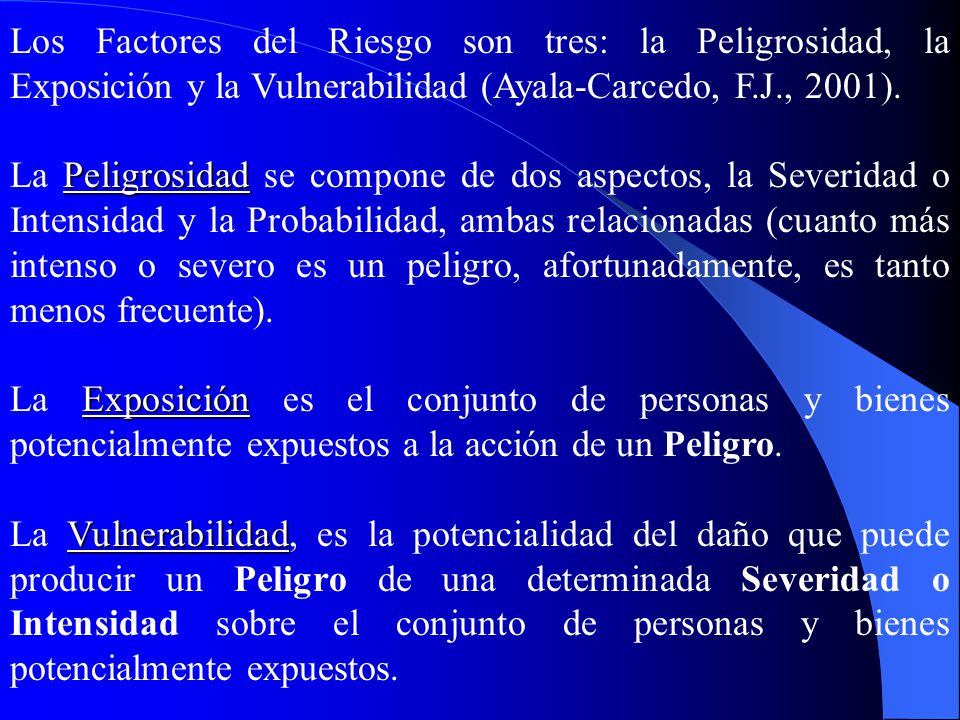 Los Factores del Riesgo son tres: la Peligrosidad, la Exposición y la Vulnerabilidad (Ayala-Carcedo, F.J., 2001).