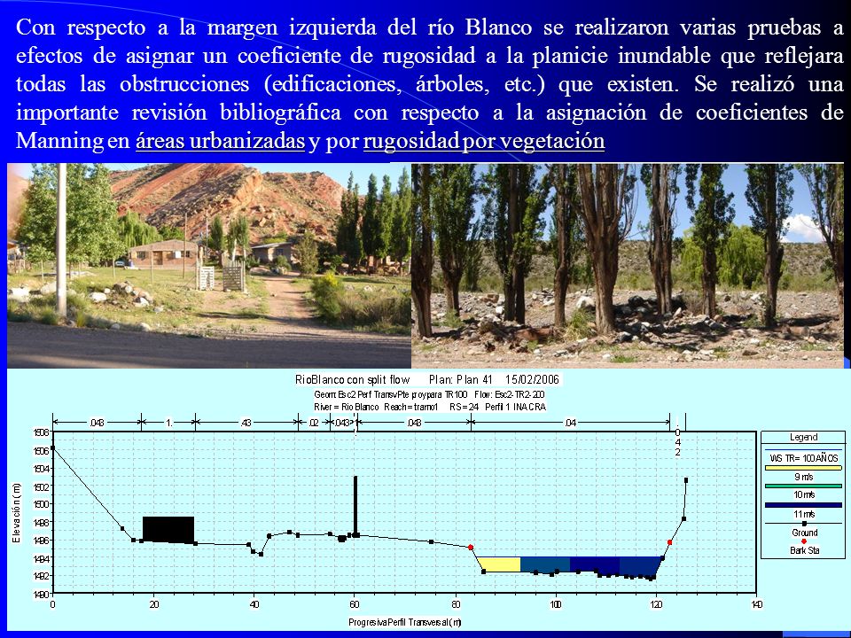 Con respecto a la margen izquierda del río Blanco se realizaron varias pruebas a efectos de asignar un coeficiente de rugosidad a la planicie inundable que reflejara todas las obstrucciones (edificaciones, árboles, etc.) que existen.